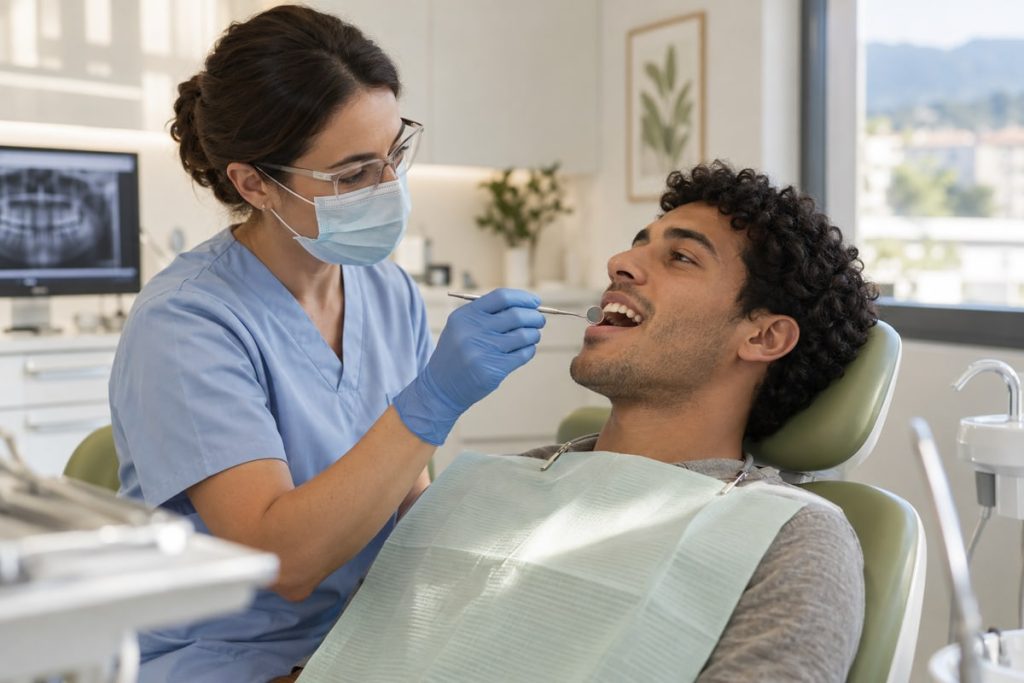 Una dentista realiza una revisión a un paciente adulto antes del tratamiento — imagen de ilustración.