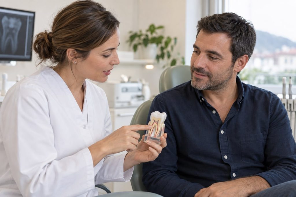 Una dentista explica un tratamiento a un paciente adulto con un modelo dental — imagen de ilustración.