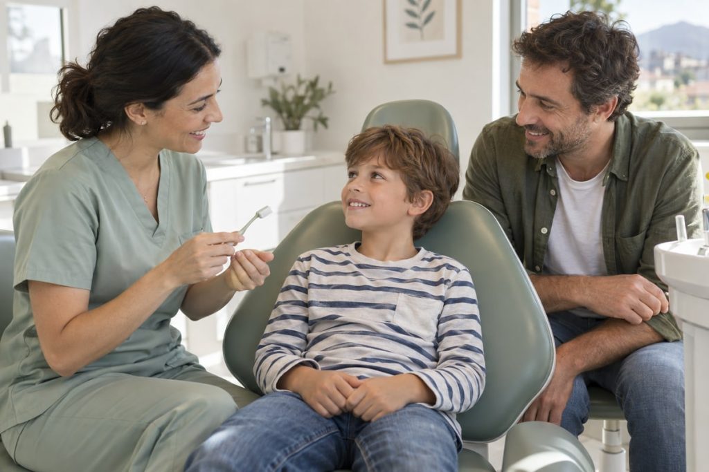Une dentiste échange avec un enfant accompagné de son père — image d’illustration.