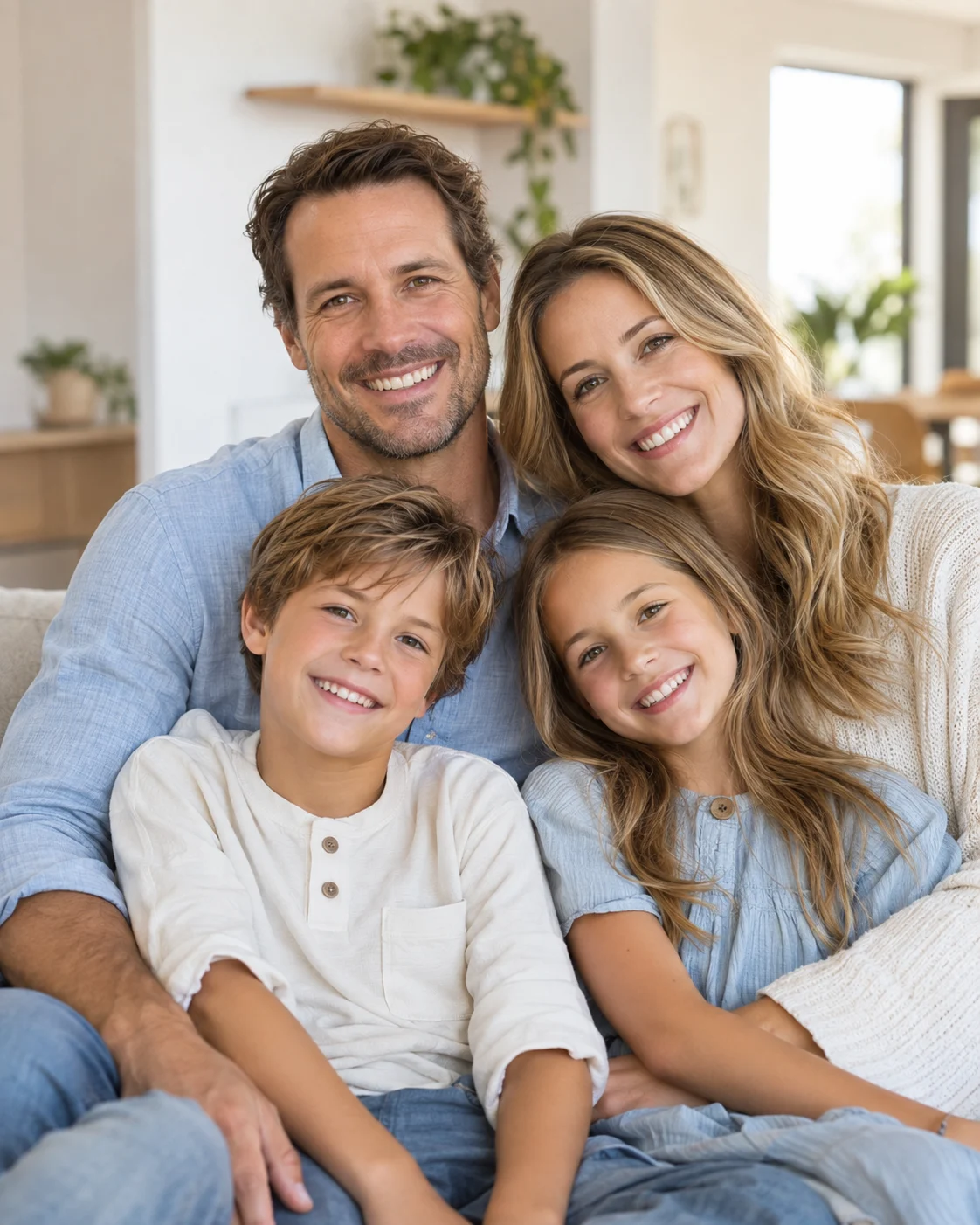 Familia sonriente en un interior luminoso — fotografía ilustrativa.