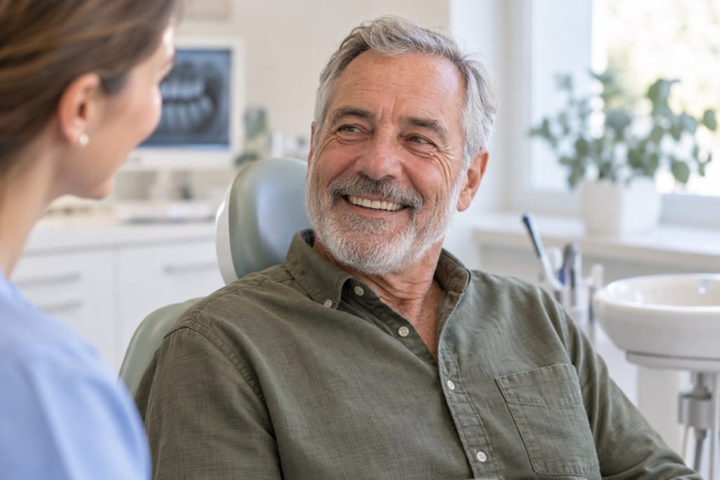 Un paciente mayor conversa sonriente con una dentista — imagen de ilustración.