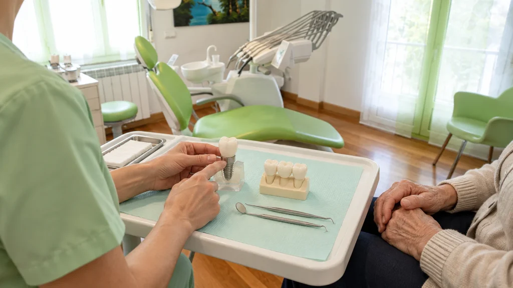 Ilustración de una explicación con modelos de implante y puente dental sobre una bandeja, junto a las manos del paciente.