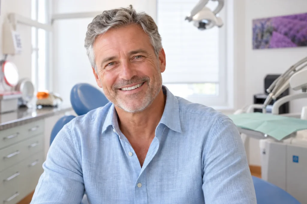 Hombre sonriente en el gabinete dental con sillón azul — ilustración.
